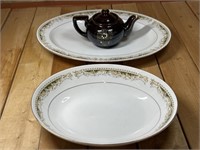 3 Pieces Brown/White China - Platter, Plate, &