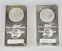 2 Five Troy Ounce Fine Silver Bars.