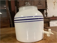 Blue striped water crock with lid