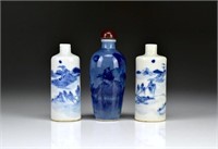 THREE BLUE AND WHITE PORCELAIN SNUFF BOTTLES