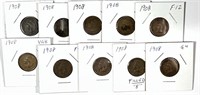(10) 1908 Indian Head Cent Penny Lot