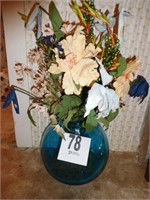 Large blue vase with silk flowers