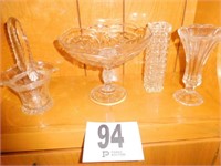 Glass basket, compote, 2 vases