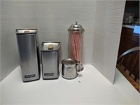 2 vtg stainless canisters, straw holder  and more