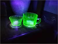 Uranium green depression glass creamer and