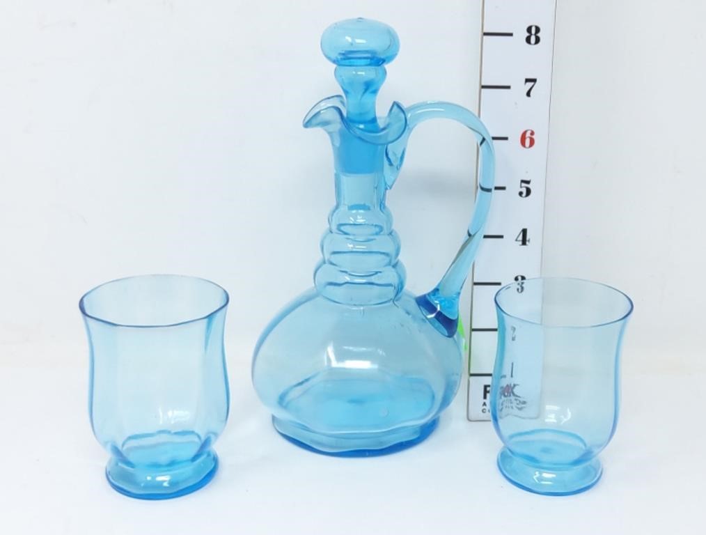 Czech Blue Glass Decanter & (2) Glasses