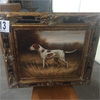 Highly Carved Framed Oil Painting of Bird Dog
