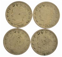 Four Liberty Nickels: 1901, 06, 07 & 1910.