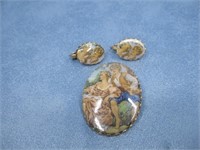 Vtg Hand Painted Brooch & Clip On Earring Set