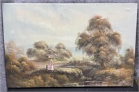 Lady & Girl Overlooking The Stream Canvas by Kent