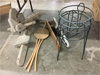 Miscellaneous wooden items in a plant stand