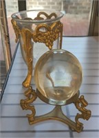 BLOWN GLASS BALL ON STAND, FOOTED VASE BRASS