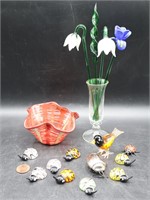 Hand-Blown Art Glass Flowers, Vase, Bugs & Birds
