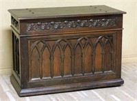 Neo Gothic Tracery Carved Oak Blanket Chest.