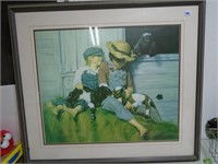 30" x 26" Antique Print Boys and Baby Goats