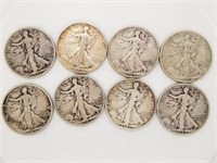 8 Walking Liberty silver half dollars, no key date