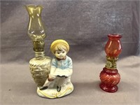 TWO MINIATURE OIL LAMPS, PORCELAIN BOY READING 7”