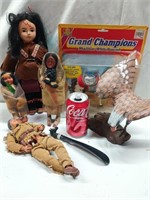 4  Native American dolls, wood carved eagle,