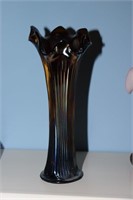 Carnival blue glass ribbed vase 9.25" tall