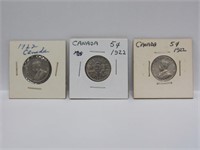 3 Canadian 5 Cent coins, 1922