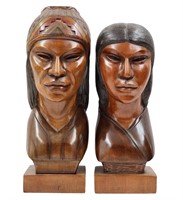 A Fine Pair Of  Wood Bust Sculptures Signed Juan C