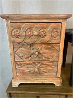 Antiqued Heavily Carved 3 Drawer Nightstand