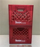 TWO RED BAXTERS MILK CRATES