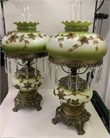Pairt Of Green Glass Ornate Lamps With Prisms