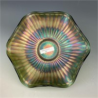 Fenton Green Stippled Rays Ruffled Bowl