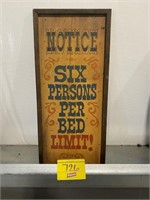 WOODEN SIX PERSONS PER BED NOVELTY SIGN