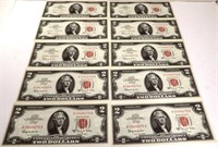 (10) 1963 Consecutive Serial # $2 Red Notes