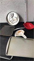 Pans, tin strainer and cookie sheet and more