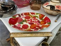 15" red plastic platter with fruit and flowers