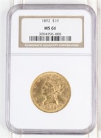 1892 $10 Gold Coin NGC MS 61