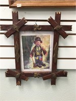 17" x 15 1/2"  antique frame, with sad clown chara