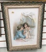 20" x 15" antique framed art of girl and mom  (k 1