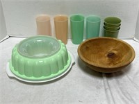 Wooden Bowl, Plastic Cups And Tupperware Mold