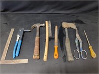 Shop tools, hammer, tin snips, rasp, wire brush