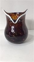 Brown Speckled Heavy Art Glass Owl Vase U16A