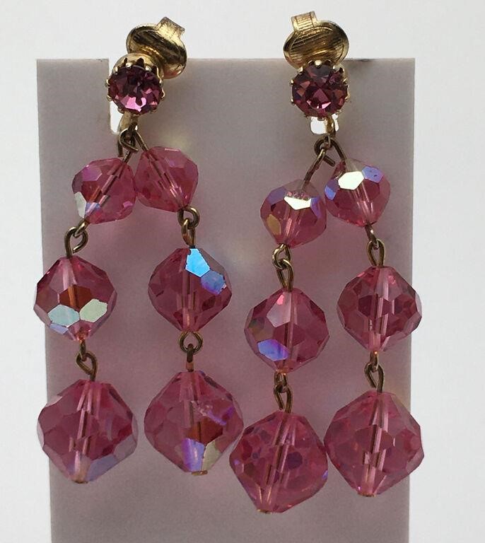 Gold Tone Clip Earrings W Pink Glass Beads
