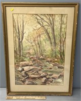 Antique Forest Stream Watercolor Painting