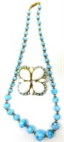 Blue Glass Beaded Necklace & Brooch