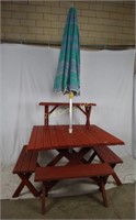 Painted Wooden Picnic Table 4 Benches & Umbrella