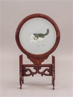 Chinese Embroidered Silk Cat on Stand