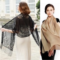 Floral Black and Plain Beige Shawl/Wrap