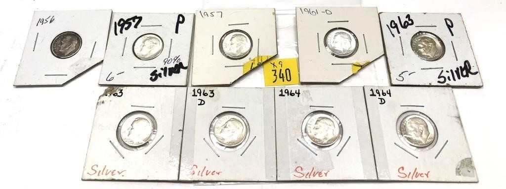x9- Dimes, 90% silver -x9 dimes -Sold by the piece