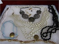Showcase of jewelry. Necklaces, etc.