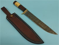 15" Damascus Knife w/Leather Sheath