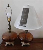 Pair 1970's amber glass table lamps, 27" tall,