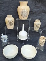 RX PHARMACY POTTERY BOTTLES BOWLS & FUNNEL LOT